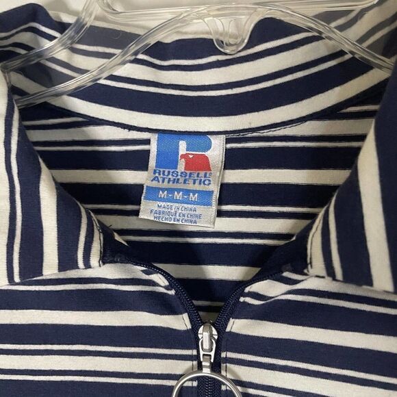 Russell Athletics striped blue crop top half zip polo top size Medium - Picture 3 of 5